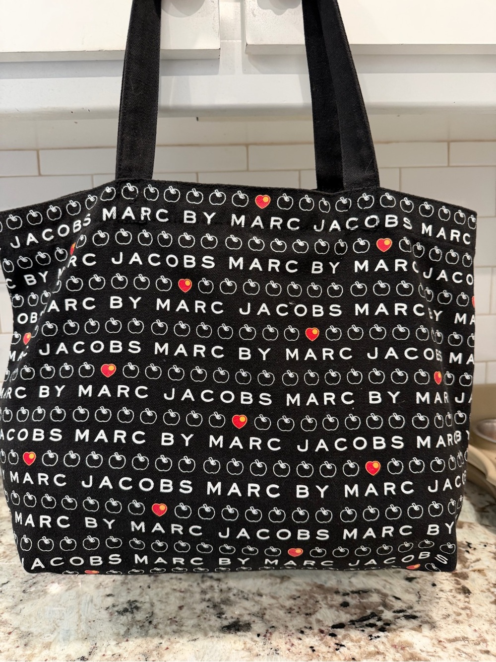 Marc Jacobs Black Logo Pattern Tote with Red Heart Accents